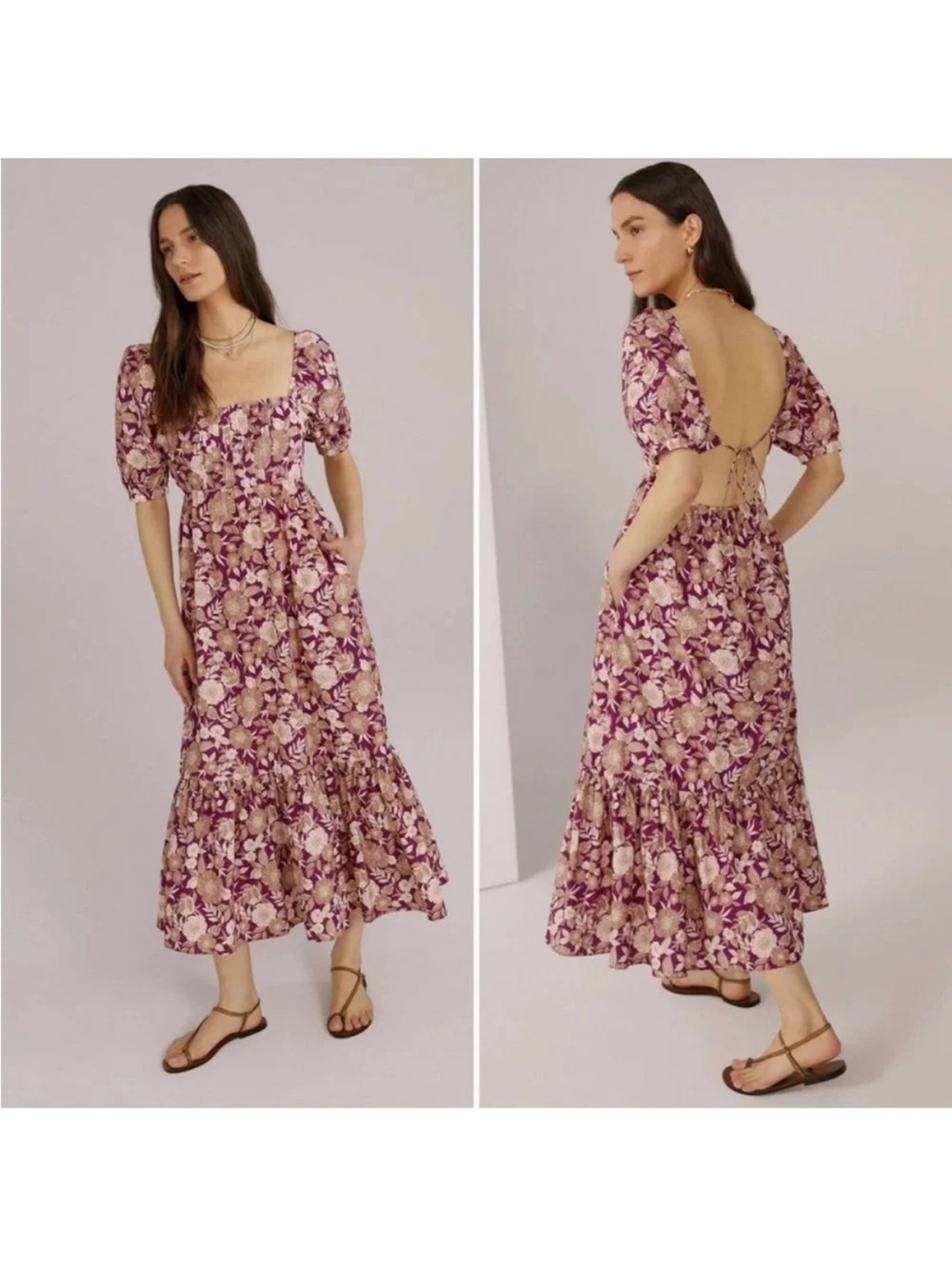 Favorite Daughter Purple and Gold Floral Maxi Dress with Puff Sleeves vintage